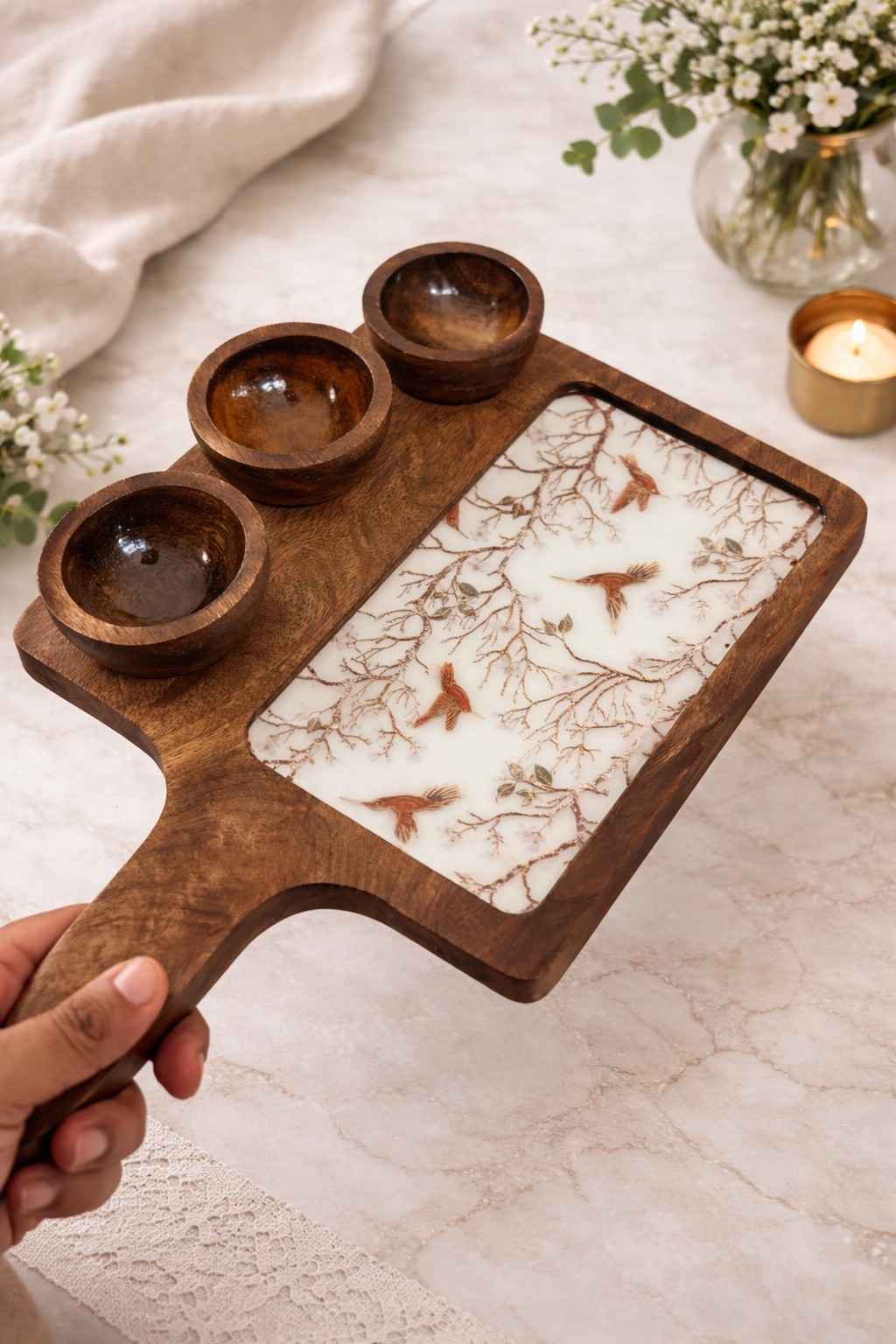 Meenakari Wooden Platter Tray with 3 Bowls