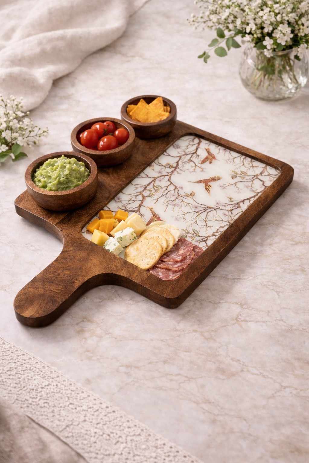 Meenakari Wooden Platter Tray with 3 Bowls