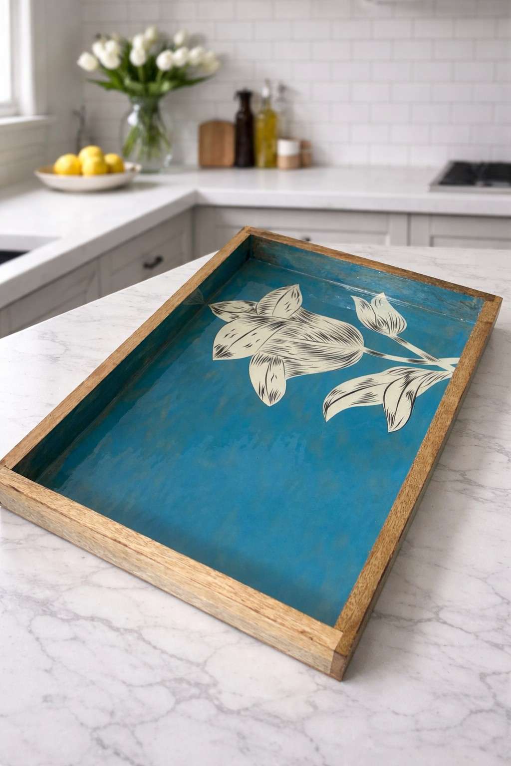 Large Wooden aqua blue  Serving Tray