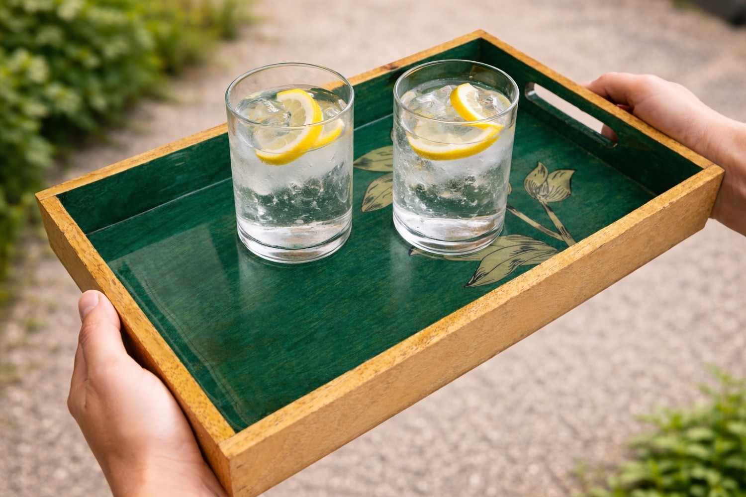Medium Wooden aqua Green  Serving Tray
