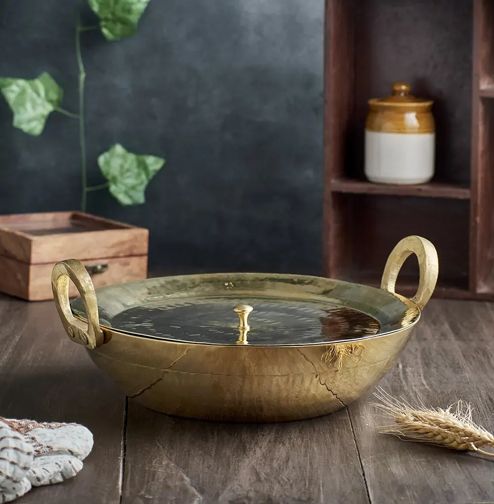 Brass Flat Kadhai with Lid- Tin coated, Naturally Non Stick