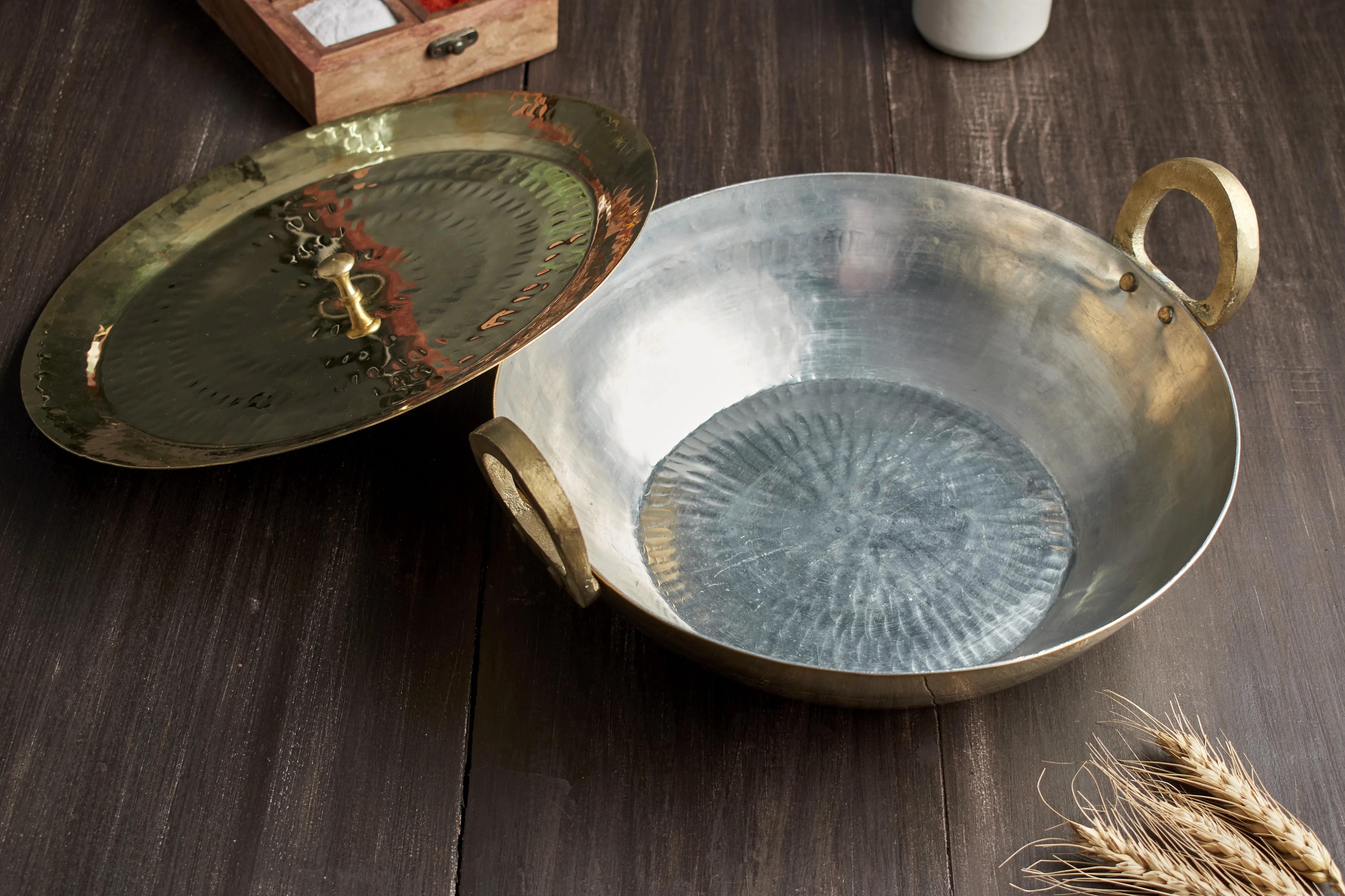 Brass Flat Kadhai with Lid- Tin coated, Naturally Non Stick