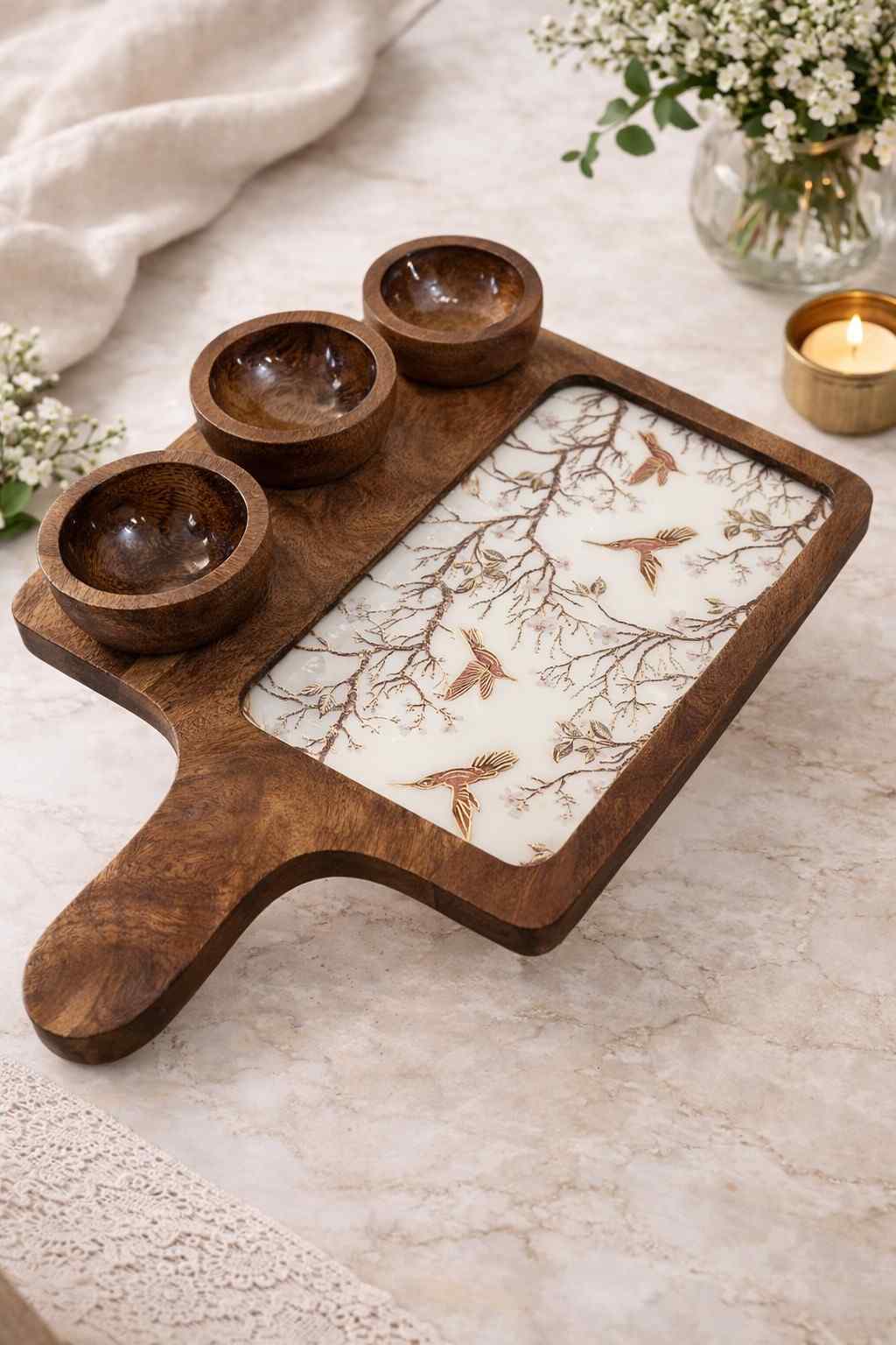 Meenakari Wooden Platter Tray with 3 Bowls