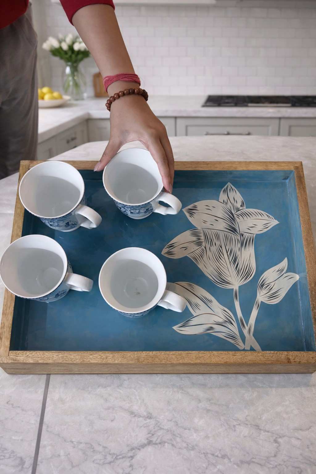 Large Wooden aqua blue  Serving Tray
