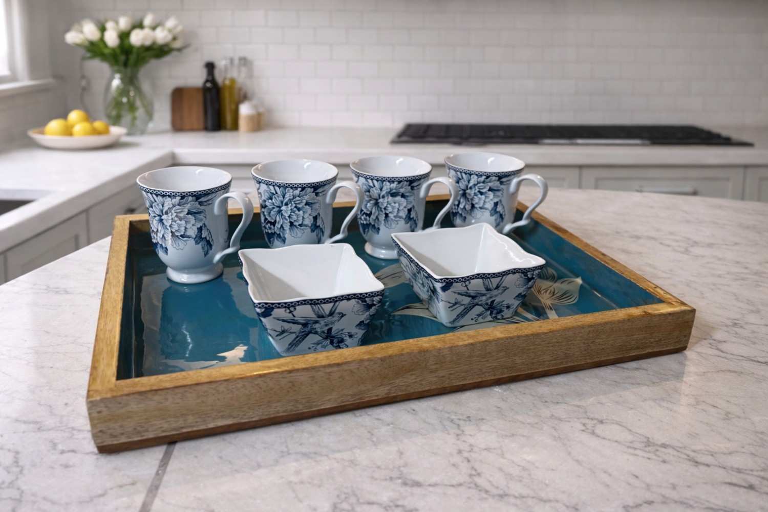 Large Wooden aqua blue  Serving Tray