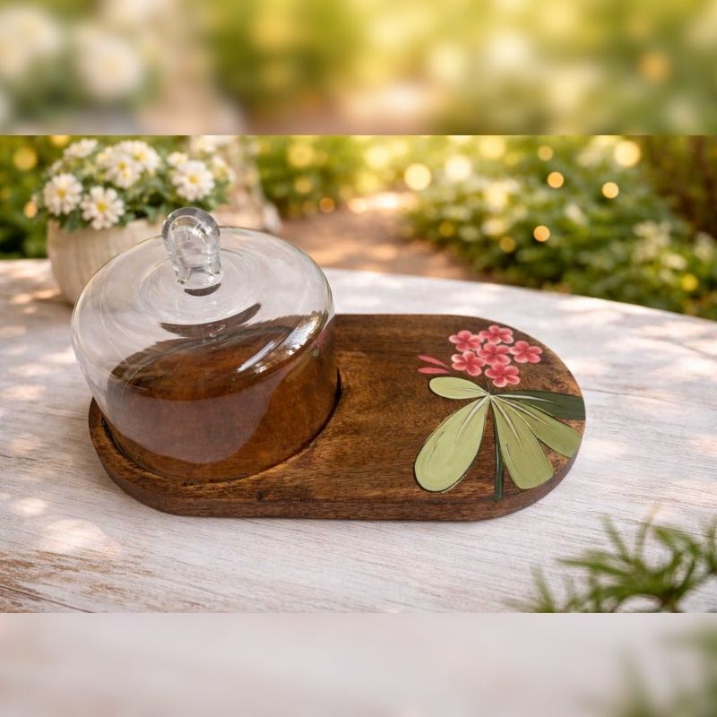 Handpainted Wooden Platter with Glass Cloche