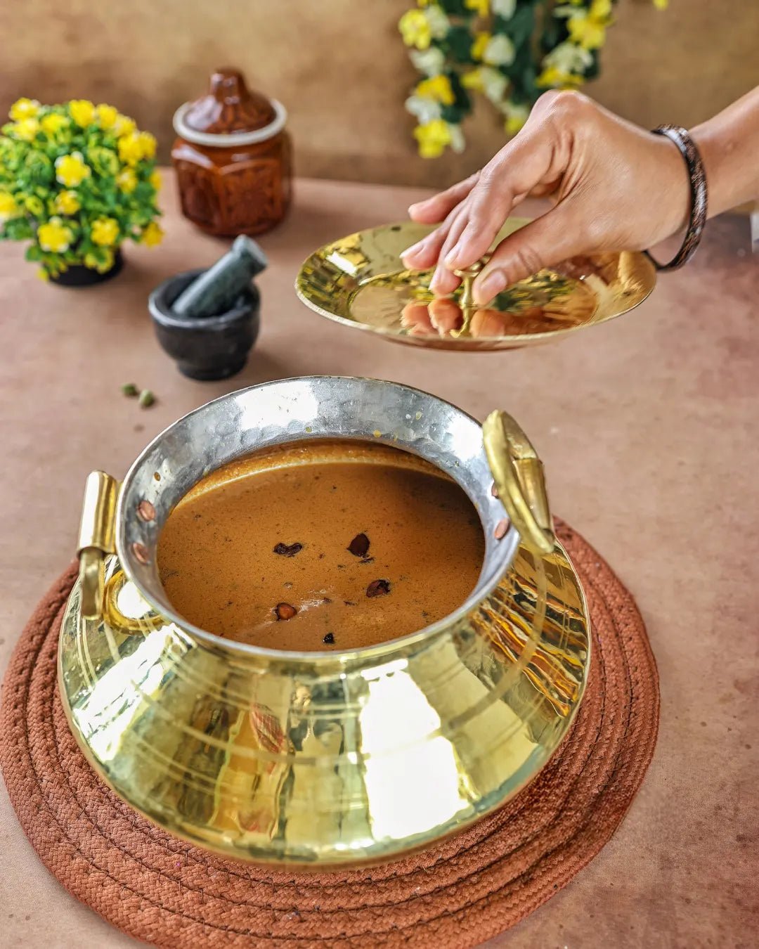 Brass Hammered Degchi - Tin Coated Interior with Lid - Kalasians