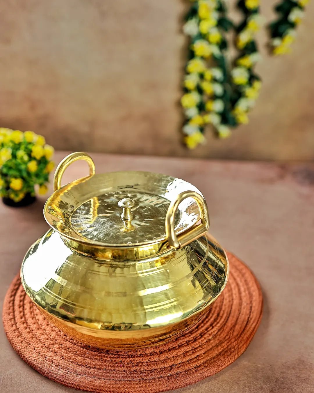 Brass Hammered Degchi - Tin Coated Interior with Lid - Kalasians