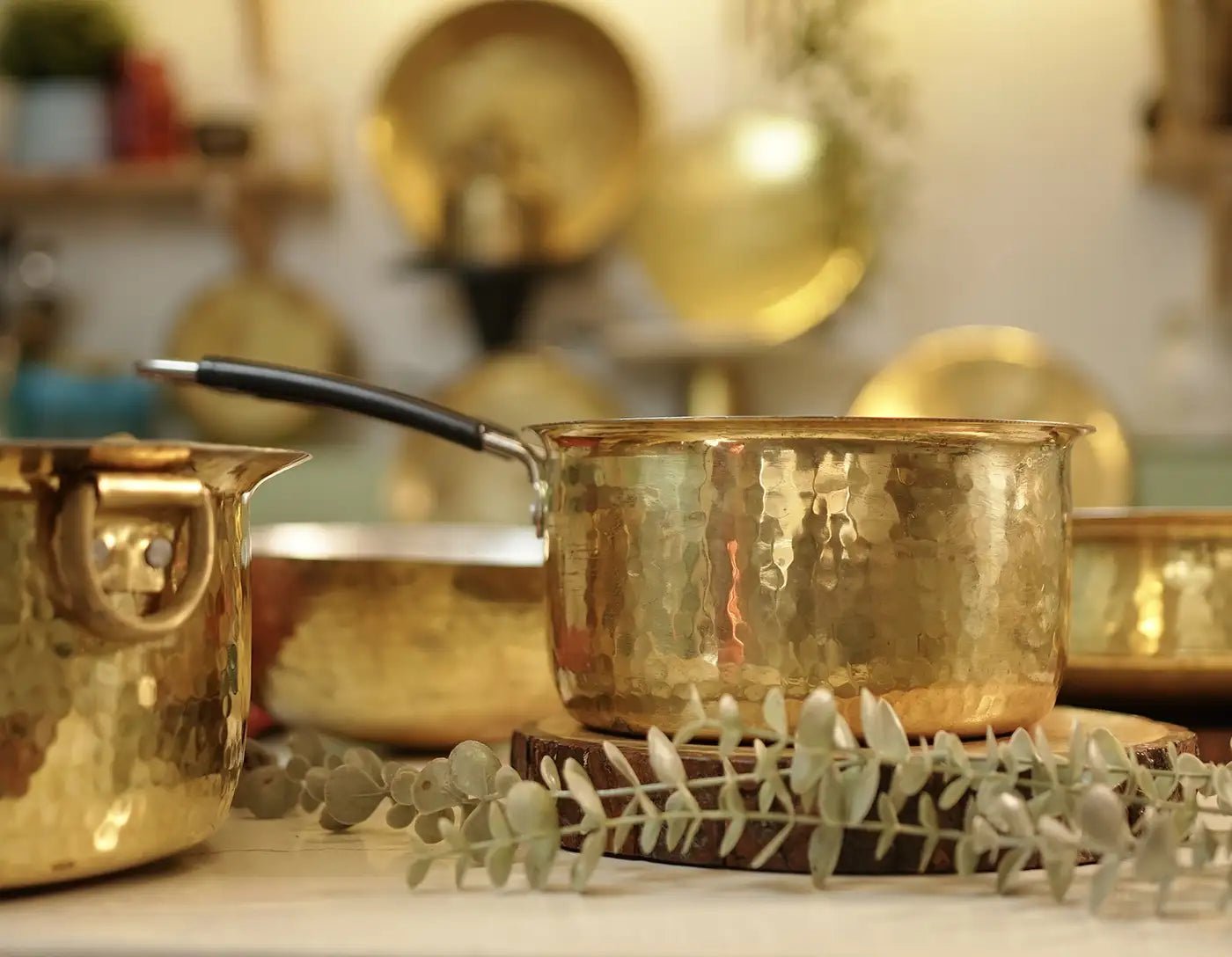 Brass Saucepan - Tin Coated with Heat-Resistant Handle - Kalasians