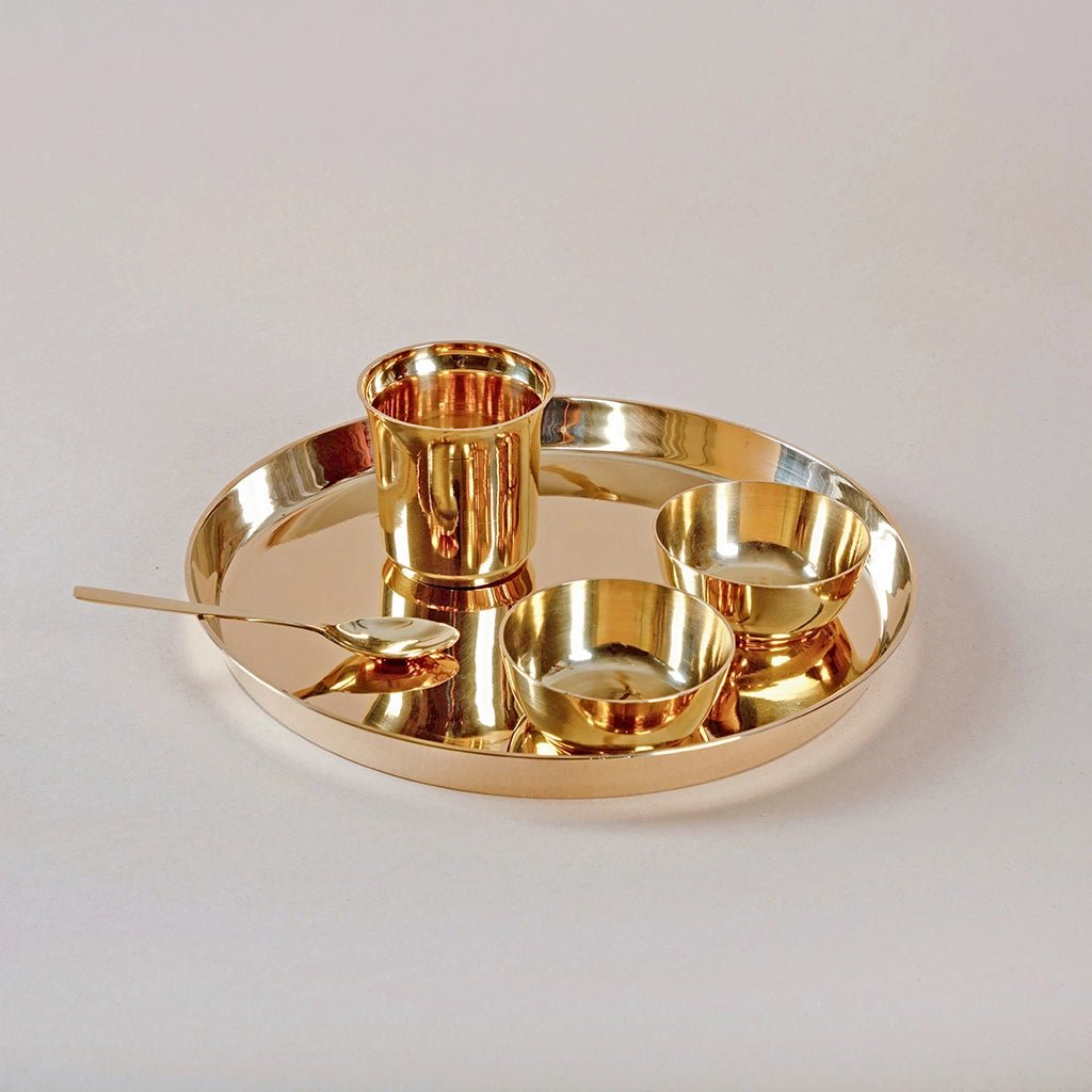 Brass Thali Set 5 Pcs - 1 Thali, 2 Bowls, 1 Glass & Spoon - Kalasians