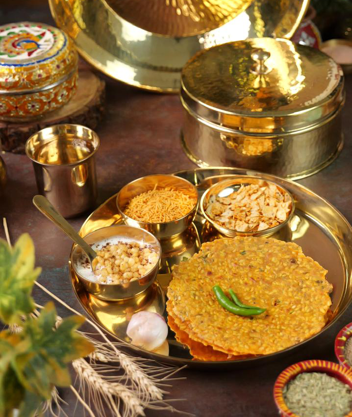 Brass Thali Set 5 Pcs - 1 Thali, 2 Bowls, 1 Glass & Spoon