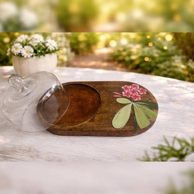 Handpainted Wooden Platter with Glass Cloche