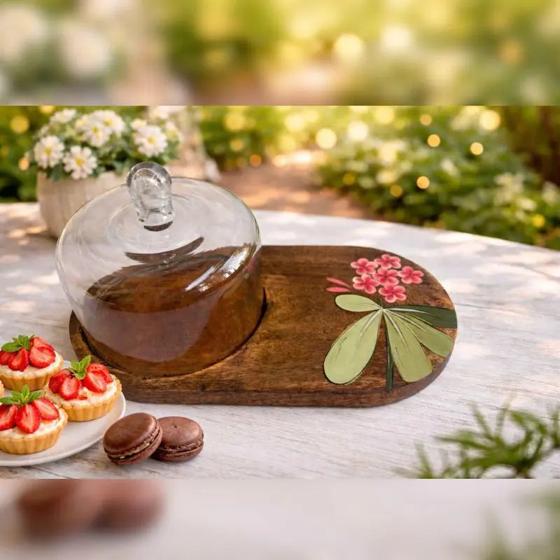 Handpainted Wooden Platter with Glass Cloche