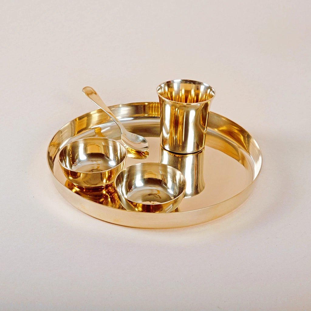 Kansa Thali set 5 Pcs - 1 Thali, 2 Bowls, 1 Glass & Spoon - Kalasians