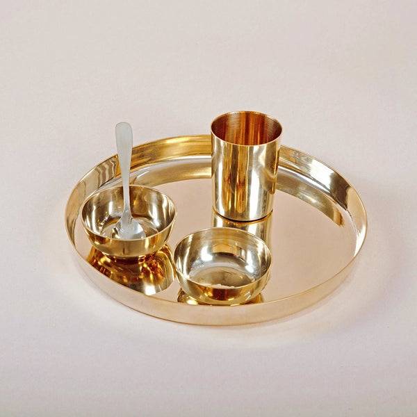 Kansa Thali set 5 Pcs - 1 Thali, 2 Bowls, 1 Glass & Spoon - Kalasians
