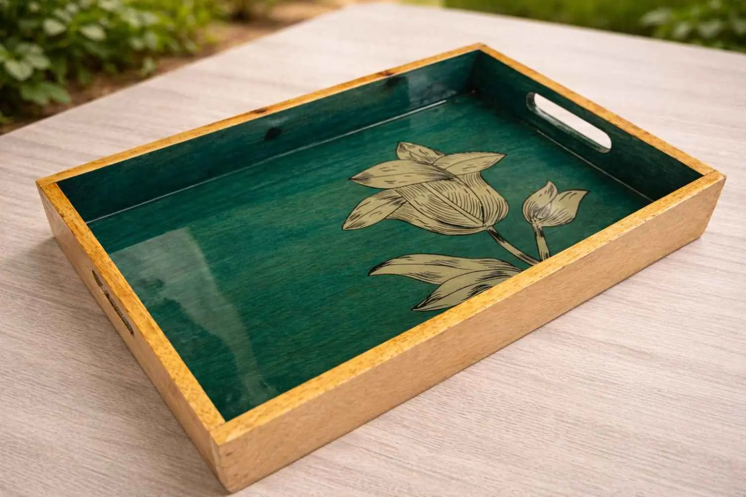 Medium Wooden aqua Green  Serving Tray
